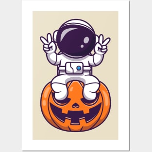 Cute Astronaut Sitting On Pumpkin Halloween With Peace Hand Cartoon Posters and Art